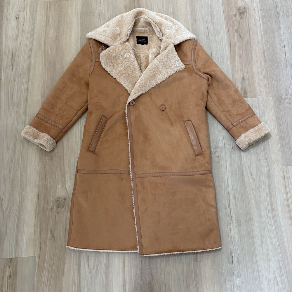 Avec Les Filles Faux Shearling Suede Long Coat Tan Camel Sherpa Suede Sz Med